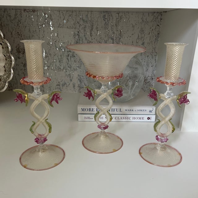 Glass Antique 1920-30s Venetian Murano Glass Garniture Set With Tazza and Candleholders- Set of 3 For Sale - Image 7 of 8