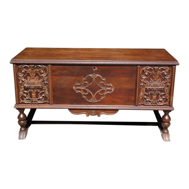 Vintage Standard Line Art Deco Jacobean Style Walnut and Cedar Trunk Bed Chest For Sale