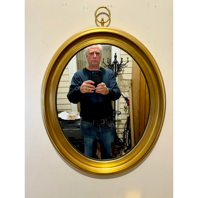 Wood Vintage Oval Italian Giltwood Mirror With Brass Loop Finial For Sale - Image 7 of 11