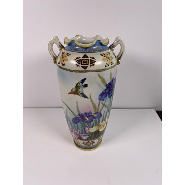 Antique Japanese Hand-Painted Porcelain Vase With Birds & Iris Flowers, Jeweled Gilt Decoration For Sale - Image 13 of 14