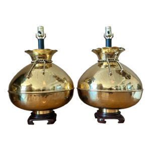 Vintage Regency Hammered Brass Bag Lamps - A Pair