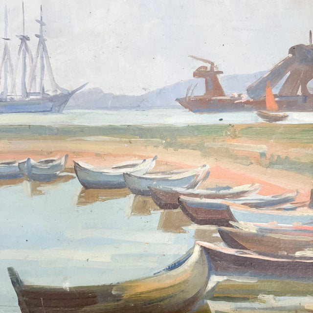 This 1926 harbor/port scene of dingy boats with a freight ship in the background is charming, nostalgic and the perfect...