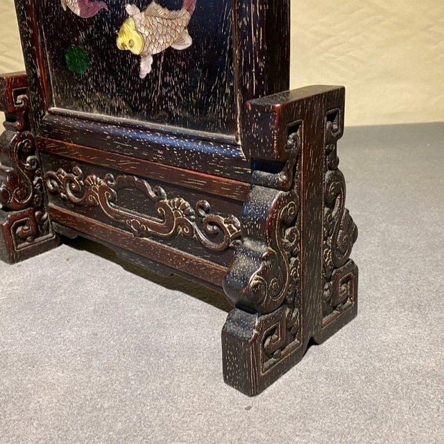 Wood Vintage Chinese Rosewood Table Screen With Mother-of-Pearl Inlay, Koi Fish Motif For Sale - Image 7 of 10