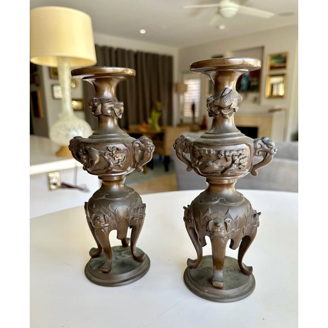 Metal Japanese Bronze Elephant Handle Candlestick Holders For Sale - Image 7 of 16