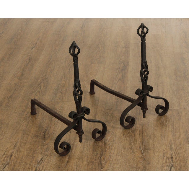 High Quality Antique Early 20th Century Pair of Wrought Iron Chenets or Andirons