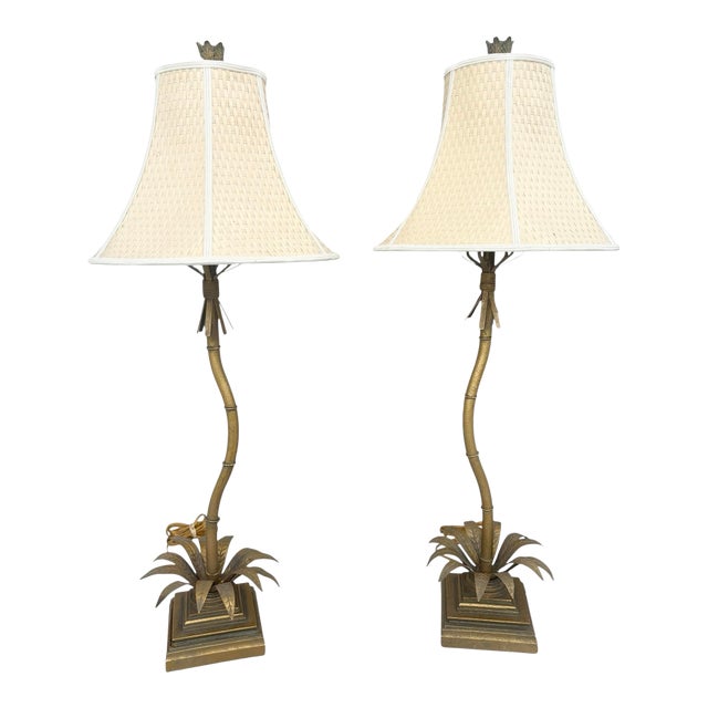 Palm Beach Hollywood Regency Wavy Brass Gold Gilt Palm Tree Bamboo Buffet Table Lamps Pair For Sale