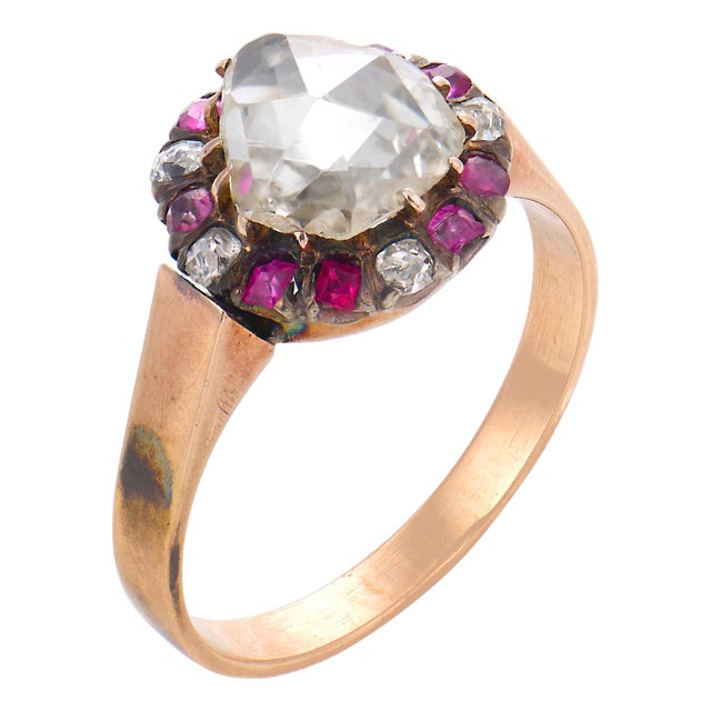 Early 20th Century Victorian Old Cut Diamond Ruby 9k Rose Gold Cluster Ring, Size 6.25 For Sale