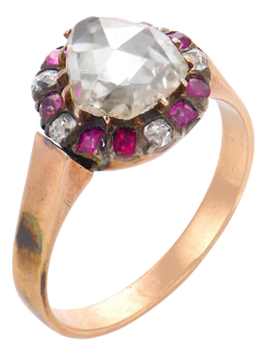 Early 20th Century Victorian Old Cut Diamond Ruby 9k Rose Gold Cluster Ring, Size 6.25