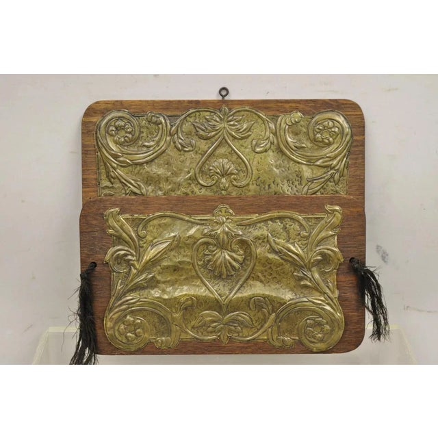 Antique Arts & Crafts Oak & Brass Embossed Folding Wall Hanging Letter Holder For Sale - Image 10 of 10