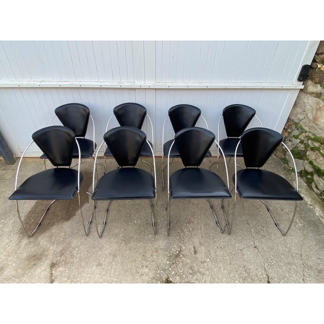 Vintage Linda Armchairs in Black Leather and Chromed Steel Frame by Arrben, 1980s, Set of 4 For Sale - Image 13 of 18