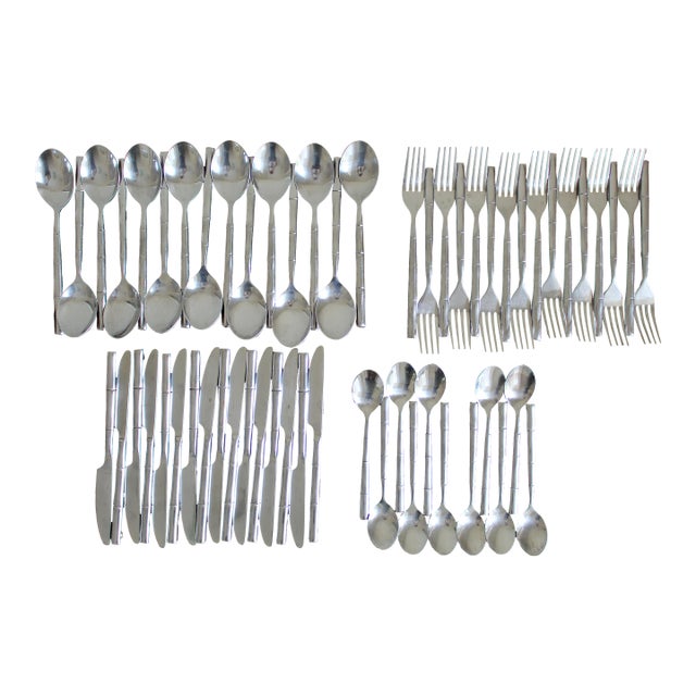 Vintage 1980s Stanley Roberts "Tiburon" Faux Bamboo Stainless Steel Flatware Set – 60 Pieces | Hollywood Regency Chinoiserie For Sale