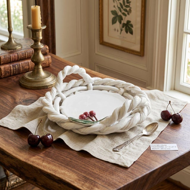 A significant example of Portuguese ceramic artistry, this large-scale lattice basket is hand-woven from high-glaze...