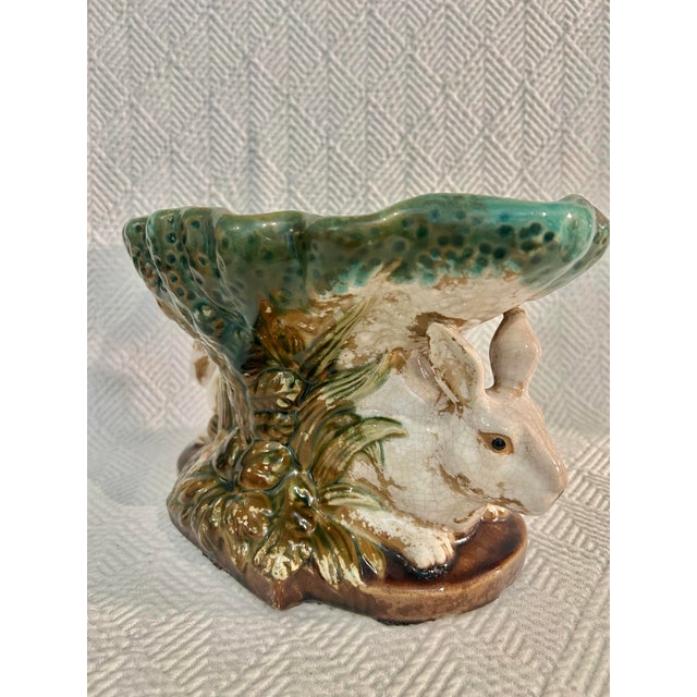 1970s Late 20th Century Majolica Style Bunny Rabbit Compote From Three Hands Corp For Sale - Image 5 of 12