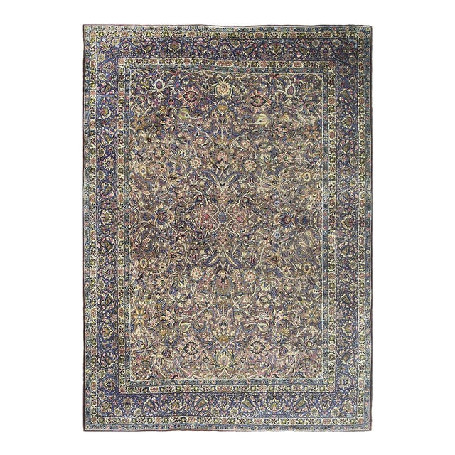 1840s Multicolor Traditional Antique Classical Motifs Kerman Knotted Wool Rug For Sale