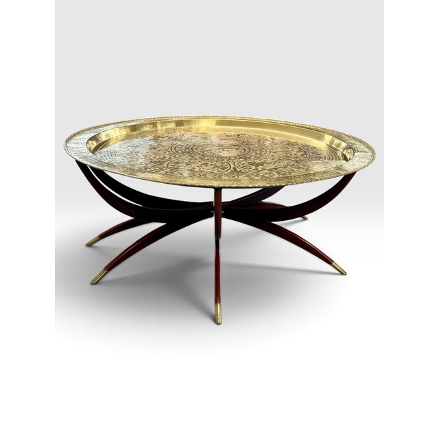 Brass Mid-Century Chinoiserie 45 Inch Hand-Etched Brass Tray Coffee Table on Teak Spider Base. For Sale - Image 8 of 11