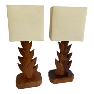Vintage 30’s Deco Hawaiian Hand Carved Wood Pineapple Leaves Table Lamps Tropical - a Pair For Sale