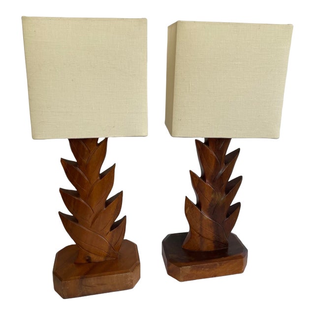 Vintage 30’s Deco Hawaiian Hand Carved Wood Pineapple Leaves Table Lamps Tropical - a Pair For Sale