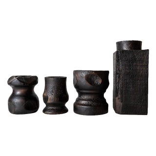 Mid-Century Brutalist Sculptural Hand-Carved Wood Candleholders, 1960s, Set of 4 For Sale