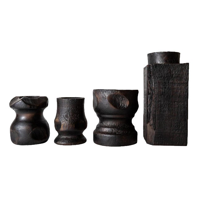 Mid-Century Brutalist Sculptural Hand-Carved Wood Candleholders, 1960s, Set of 4 For Sale