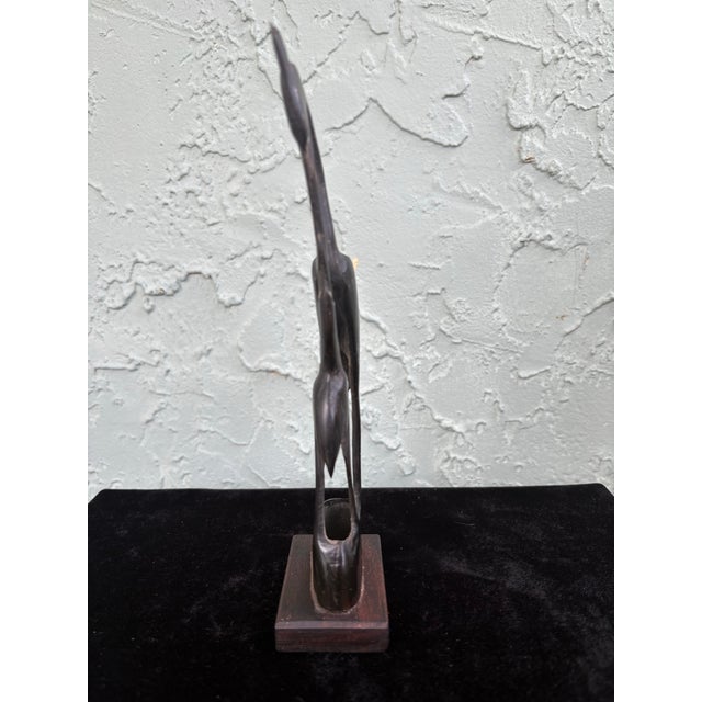 Contemporary Vintage Hand-Carved Horn Sculpture of Crane Feeding Its Young on Wooden Base (8.75”) For Sale - Image 3 of 9