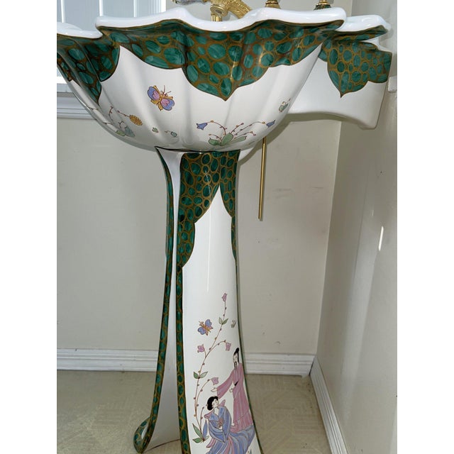 Rare Sherle Wagner Chinoiserie Hand-Painted Porcelain Pedestal Sink & Gilt Hardware Set For Sale - Image 16 of 18