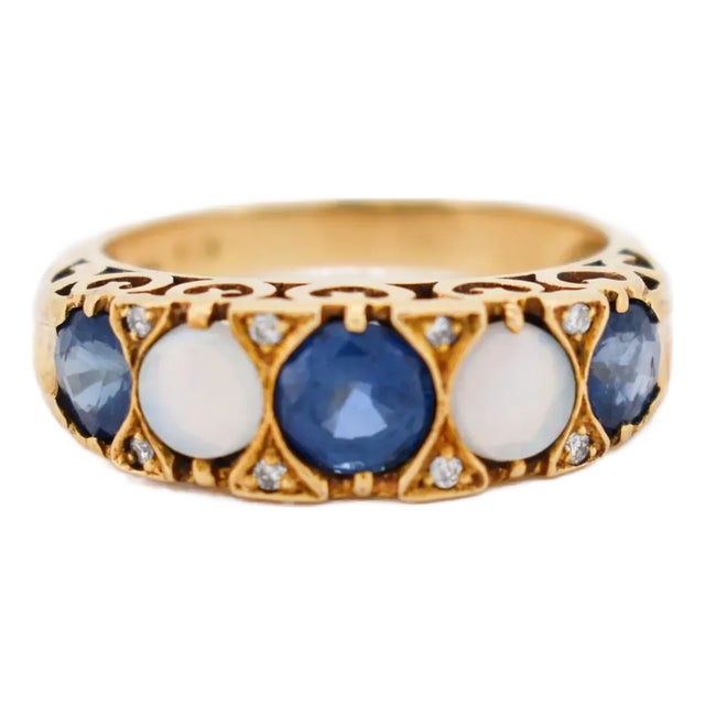 Vintage Garter Ring in Gold, Sapphires, Opals and Diamonds, Size 3.75 For Sale