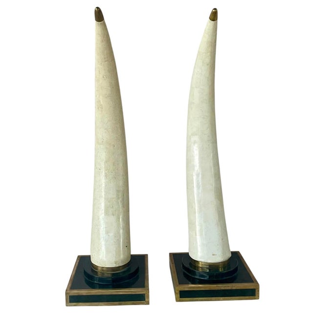 Off-white Pair of Tessellated Marble Faux Tusks on Brass and Faux Marble Bases For Sale - Image 8 of 12