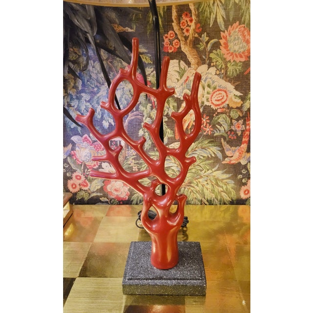 Chelsea House Inc Vintage Red Faux Coral Tan Rattan Custom Shade Extra Tall Table Lamp For Sale - Image 4 of 10