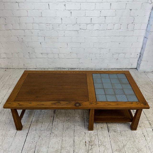 Mid-Century Modern Ranch Oak Coffee Table Rectangle With Blue Tile Top For Sale - Image 3 of 11