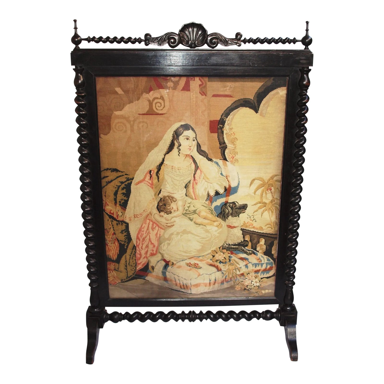 Antique Oversize Fireplace Screen Needlepoint Mother & Child Chairish