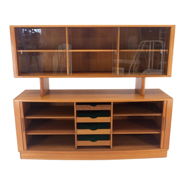 Danish Mid-Century Modern Teak Credenza Tambour Doors Hutch For Sale