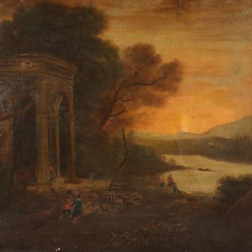 Landscape with Figures and Architecture, Oil on Canvas, Framed For Sale - Image 3 of 12