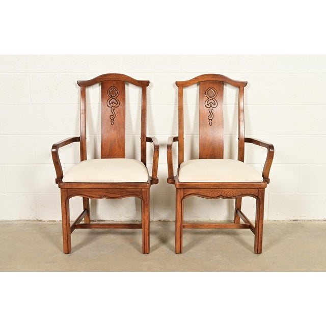 A gorgeous pair of Mid-Century Modern Hollywood Regency Chinoiserie high back armchairs or dining captain chairs By...
