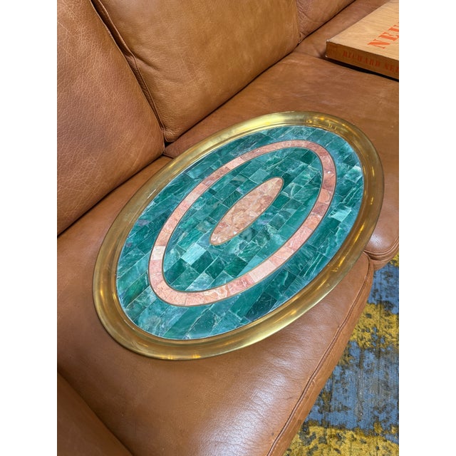 Italian Italian Mid-Century Brass and Stone Inlay Oval Tray, 1970s For Sale - Image 3 of 6