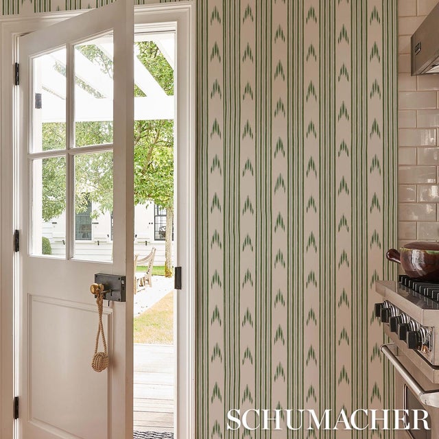 Schumacher Sample - Schumacher x Mark D. Sikes Santa Barbara Ikat Wallpaper in Leaf Green For Sale - Image 4 of 5