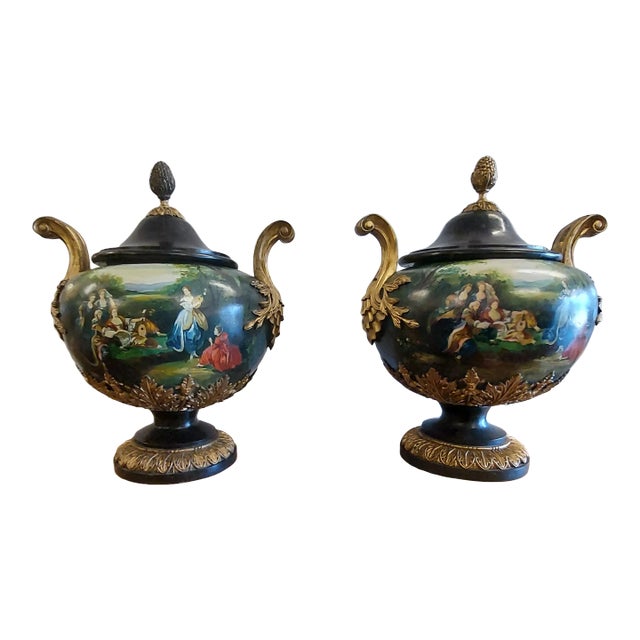 Early 20th Century Antique Italian Marble Urns With Wood Form Bronze Mounts - Set of 2 For Sale