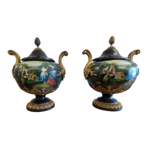 Early 20th Century Antique Italian Marble Urns With Wood Form Bronze Mounts - Set of 2
