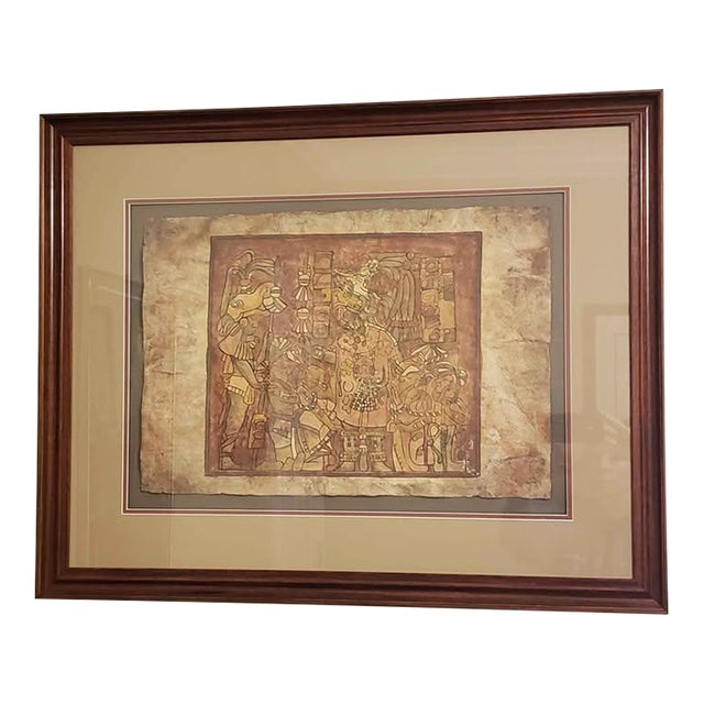1990s Fine Art - Framed Reproduction of Pre-Columbian Mayan Codex Mural Fragment on Parchment For Sale