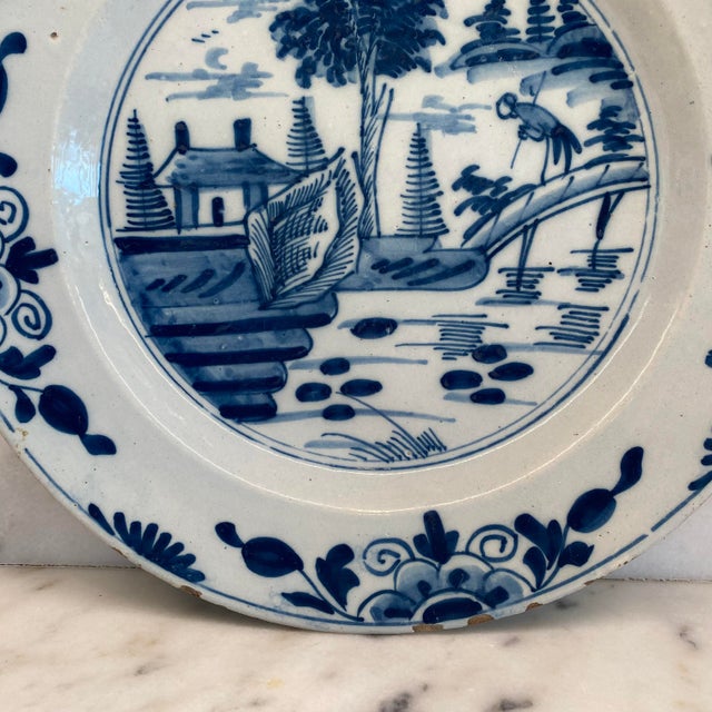 Ceramic Early Antique Dutch Delft Blue and White Landscape Plate or Platter For Sale - Image 7 of 12