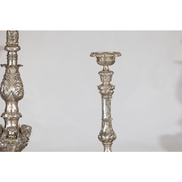 Metal Baroque Revival Silver-Plated Bronze Candlesticks with Cherub Decoration - A Pair For Sale - Image 7 of 18
