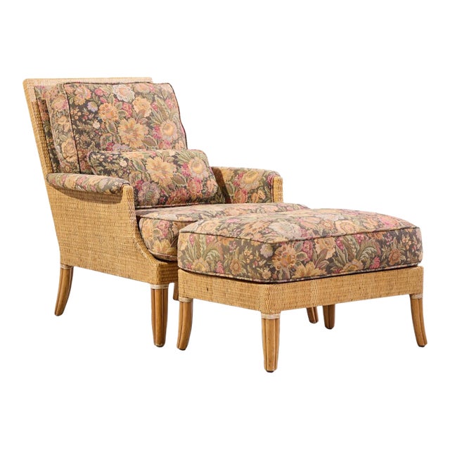 McGuire Umbria Rattan and Wicker Lounge Chair With Ottoman For Sale