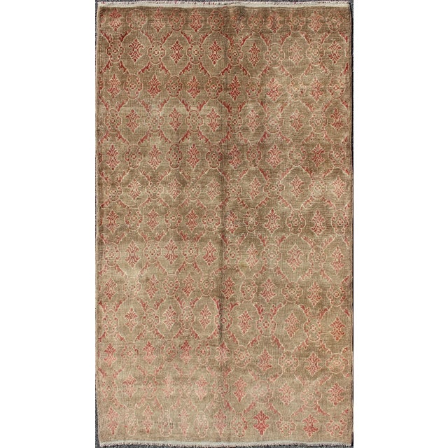 Tan Vintage Turkish Tulu Rug With Repeating Coral Motifs on a Faded Brown Green Field For Sale - Image 8 of 8