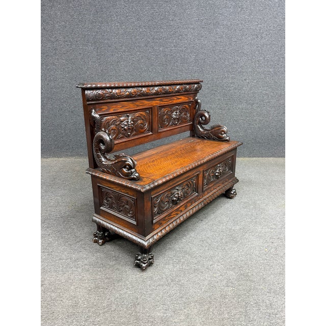 Rj Horner Style American Carved Quarter Sawn Oak Hall Bench With Lift Seat Storage For Sale - Image 12 of 12