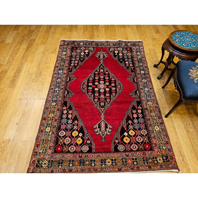 1900 - 1909 Vintage Persian Mazgalan Area Rug, Hand-Knotted Wool, Geometric Pattern, 5x7, Red & Navy For Sale - Image 5 of 18
