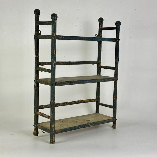 American Vintage Faux Bamboo 3 Tier Wooden Hanging Shelf Unit in Deep Bright Blue For Sale - Image 3 of 11