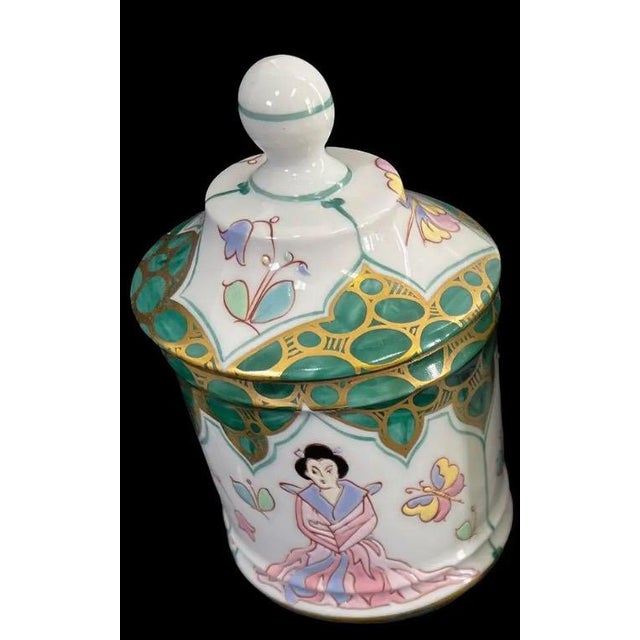 Late 20th Century Vintage Sherle Wagner Italian Hand-Painted Chinoiserie 4-Piece Vanity Set - Malachite Green & 24k Gold - Rare Recessed Tp Holder For Sale - Image 5 of 11