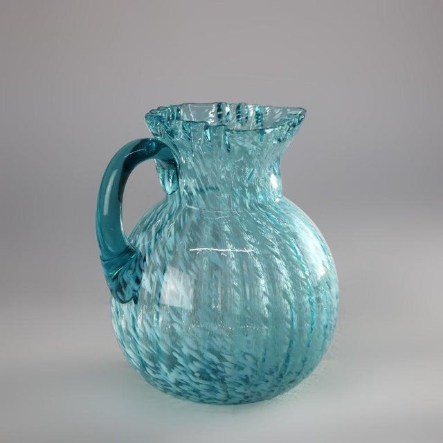 Art Deco Late 20th Century Art Deco Aqua & Opalescent Splatterware Art Glass Juice Pitcher With Ruffled Rim 20thC For Sale - Image 3 of 5