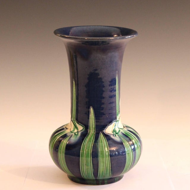 Arts & Crafts Antique Awaji Pottery Blue Ground Incised Iris Japanese Trumpet Form Vase For Sale - Image 3 of 9
