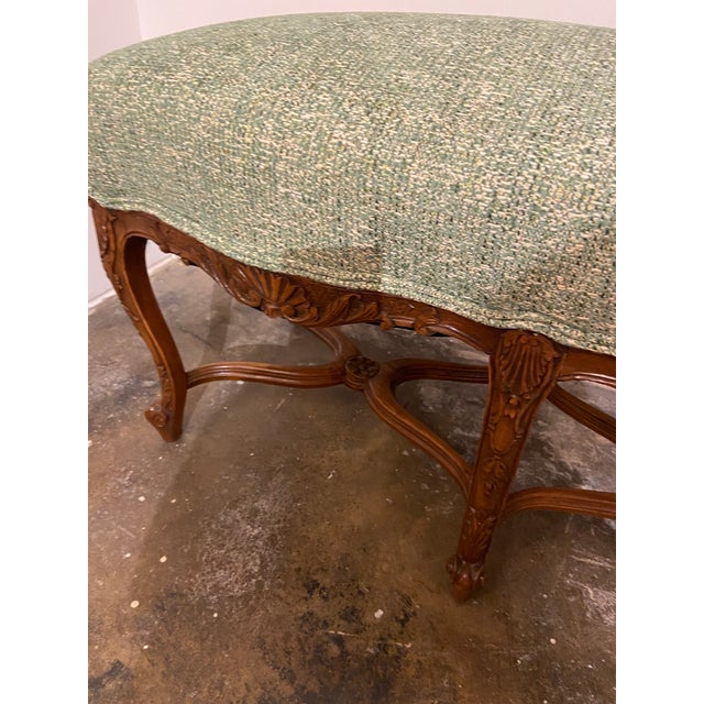 1950s French Country Bench Upholstered in Green Tweed For Sale In Charlotte - Image 6 of 7