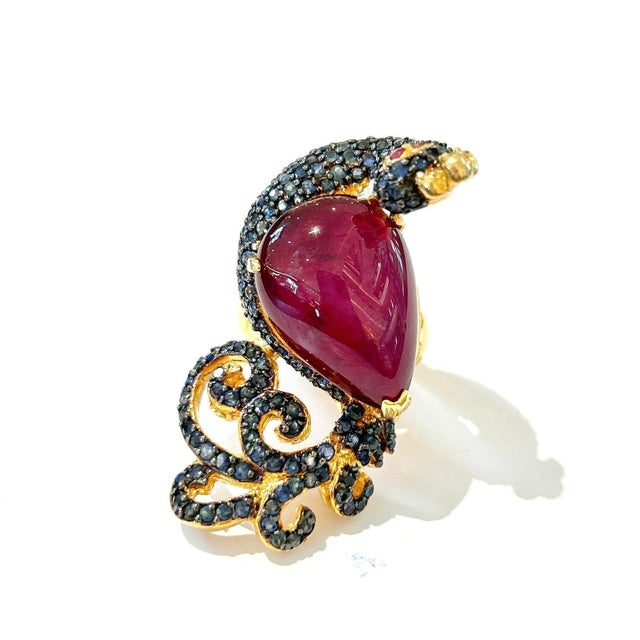 Bochic "Orient" Ruby & Sapphire Swan Cocktail Ring Set 18K & Silver For Sale - Image 17 of 18